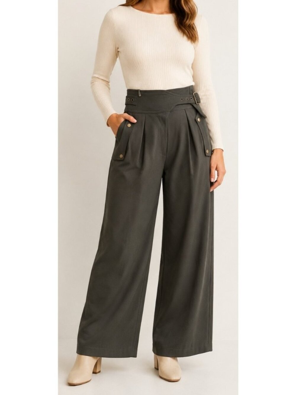 Bohme Womens Hunter green High Rise Wide Leg Pants Belted Button Detail Size L